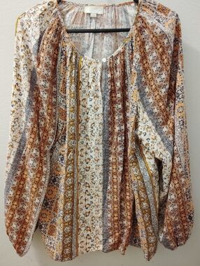 LOFT Women's Boho Printed Peasant Blouse in Cream and Brown